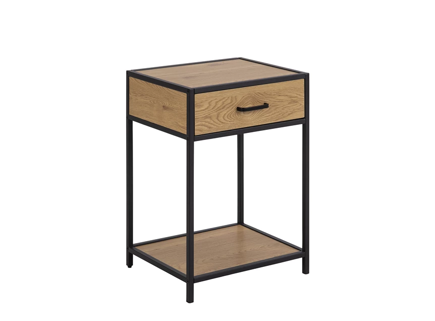 81317 seaford nachtkastje lade zwart metaal naturel hout actona schuin vooraanzicht