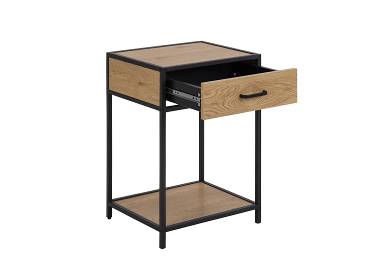 81317 seaford nachtkastje lade zwart metaal naturel hout actona schuin vooraanzicht open