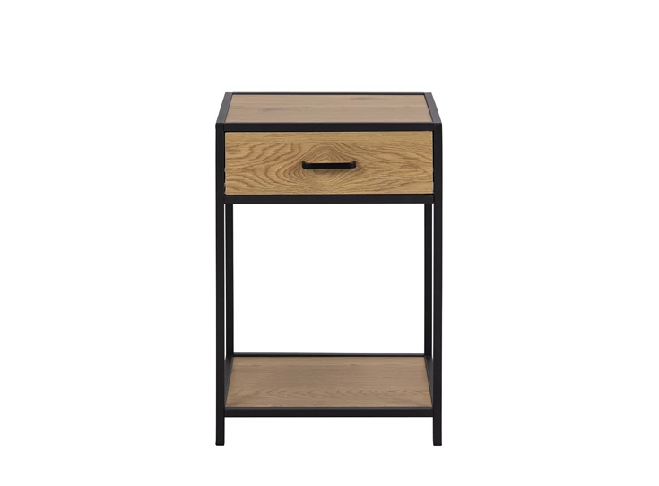 81317 seaford nachtkastje lade zwart metaal naturel hout actona recht vooraanzicht gesloten