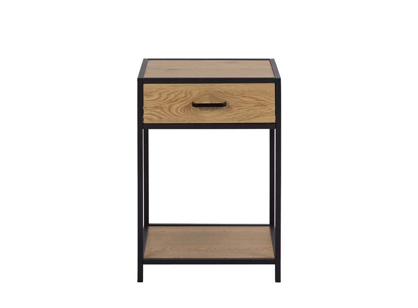 81317 seaford nachtkastje lade zwart metaal naturel hout actona recht vooraanzicht gesloten