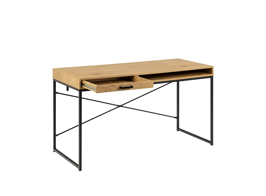 95139 seaford bureau zwart metaal naturel hout lade open vak actona schuin vooraanzicht geopend