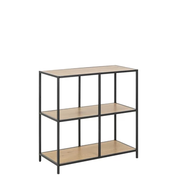 80964 seaford rek vierkant zwart metaal wilde eik 3 planken laag schuin vooraanzicht