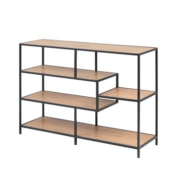 74544 seaford boekenrek laag zwart metaal naturel hout actona assymetrisch schuin vooraanzicht