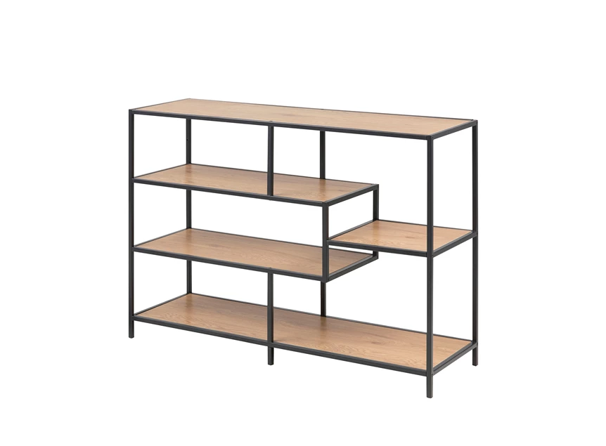 74544 seaford boekenrek laag zwart metaal naturel hout actona assymetrisch schuin vooraanzicht