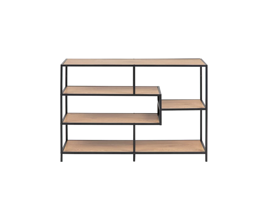 74544 seaford boekenrek laag zwart metaal naturel hout actona assymetrisch recht vooraanzicht