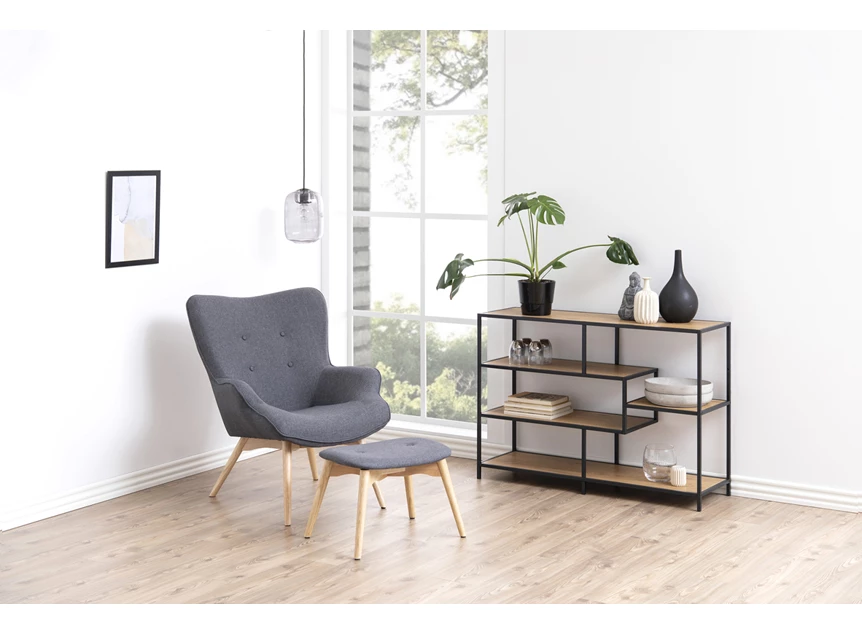 74544 seaford boekenrek laag zwart metaal naturel hout actona assymetrisch sfeerbeeld