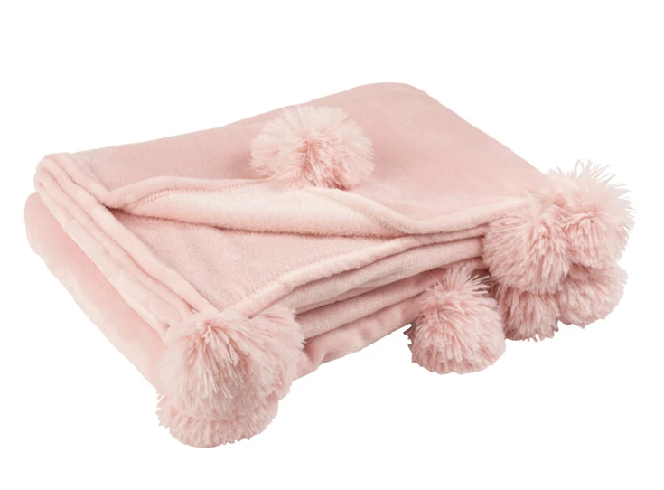 Plaid pompom- polester- zachtroze- (130X170X1cm)- 3481