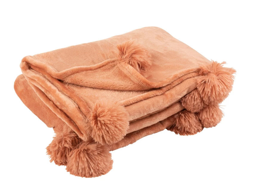 Plaid pompom- polyester- oud roze- (130X170X1cm)- 3485