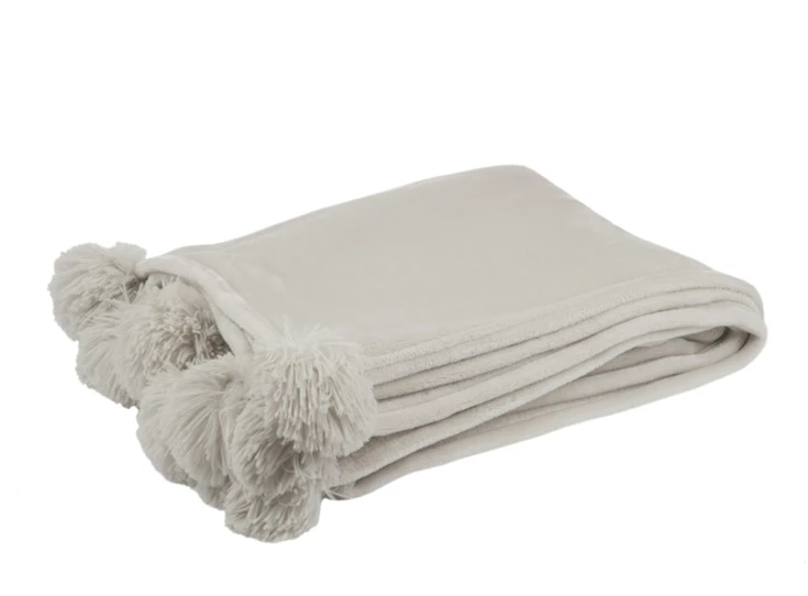 Plaid pompom- polyester- lichtgrijs- (130X170X1cm)- 77489