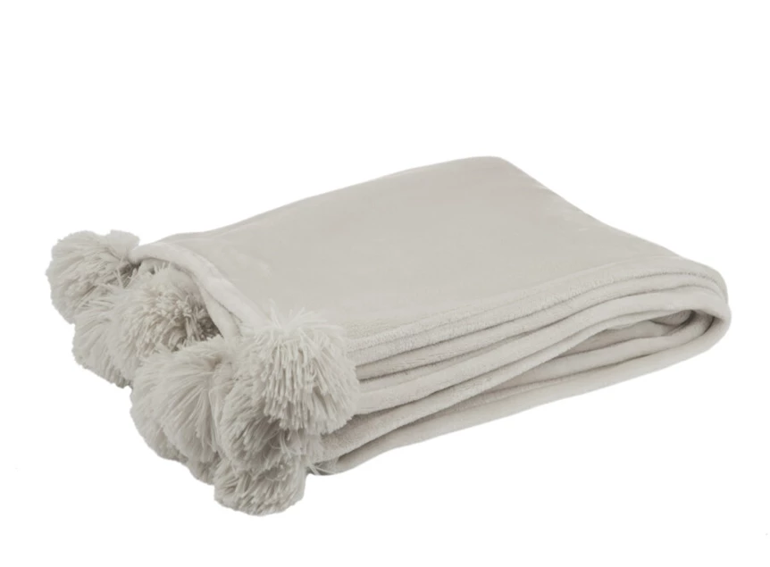 Plaid pompom- polyester- lichtgrijs- (130X170X1cm)- 77489