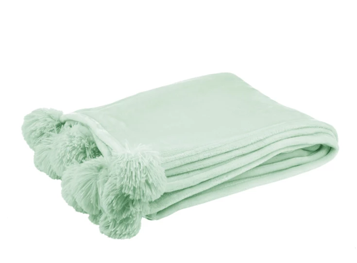 Plaid pompom- polyester- licht groen- (130X170X1cm)- 88504