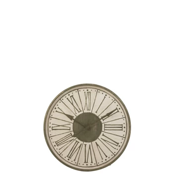 Klok romeinse cijfers- rond- metaal- wit/kaki- 12126