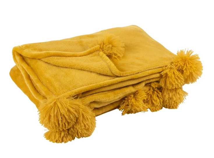 Plaid pompom- polyester- oker- (130X170X1cm)- 3484