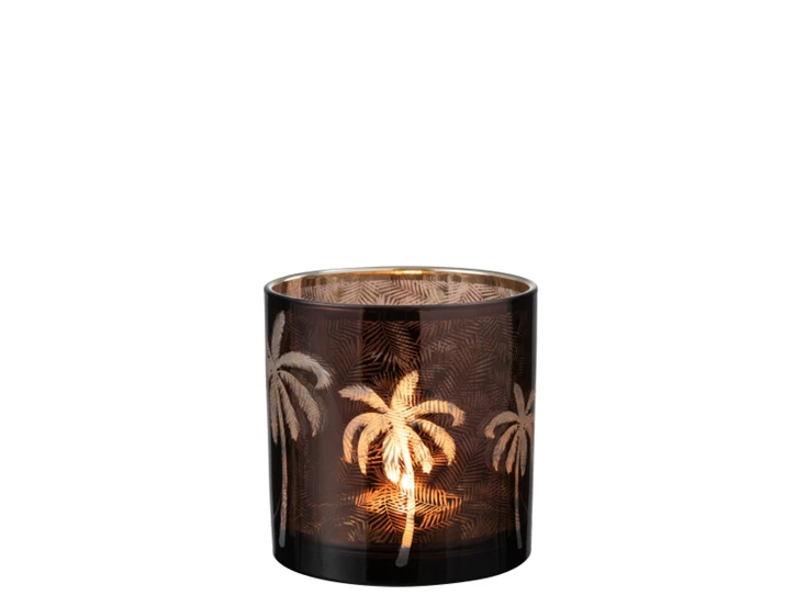 Windlicht palmboom- glas- bruin- large- 21804