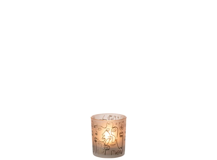 Theelichthouder Happy Faces- glas- beige- smal- 21796