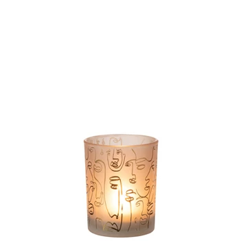 Windlicht Happy Faces- glas- beige- medium- 21797