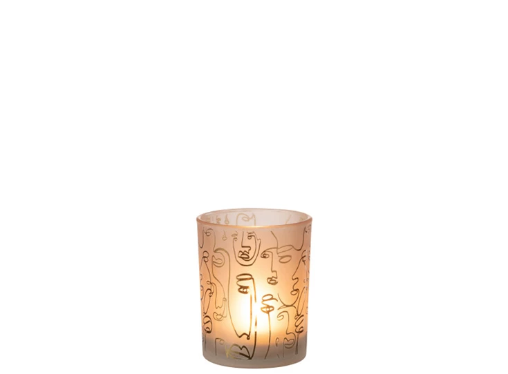 Windlicht Happy Faces- glas- beige- medium- 21797
