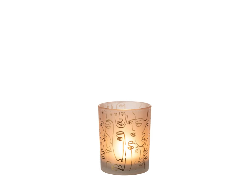 Windlicht Happy Faces- glas- beige- medium- 21797