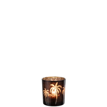 Theelichthouder palmboom- glas- bruin- smal- 21802