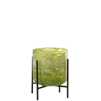 Windlicht staand- glas/ijzer- marmer groen- medium- 31950