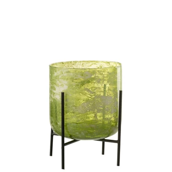 Windlicht staand- glas/ijzer- marmer groen- large- 31951