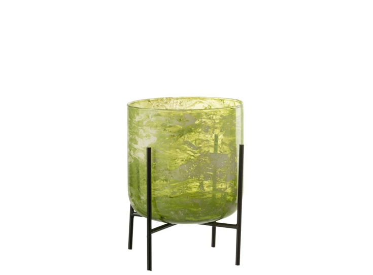 Windlicht staand- glas/ijzer- marmer groen- large- 31951