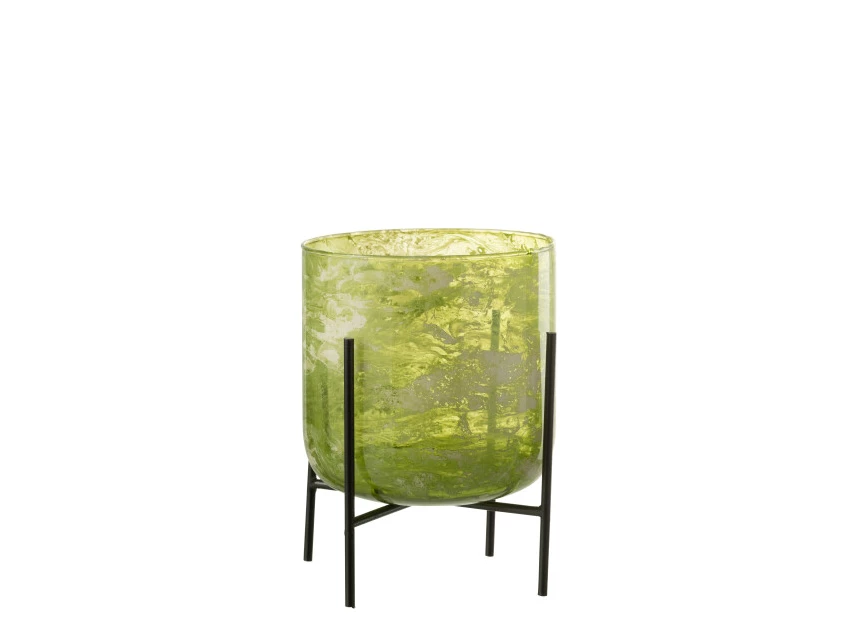 Windlicht staand- glas/ijzer- marmer groen- large- 31951