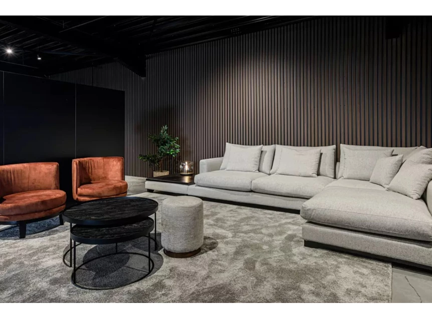 Zijkant Zetel Freestyle met longchair stof beige grijs Leda