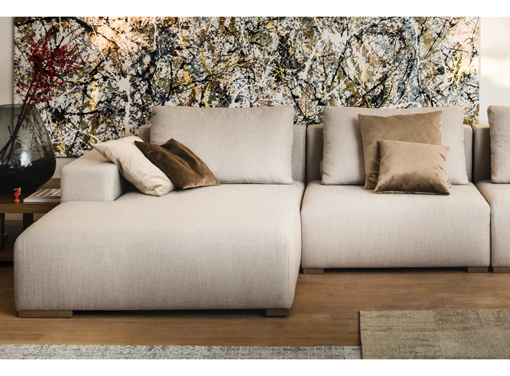 Inzoom Hoeksalon Lexus met longchair stof zand Passe Partout