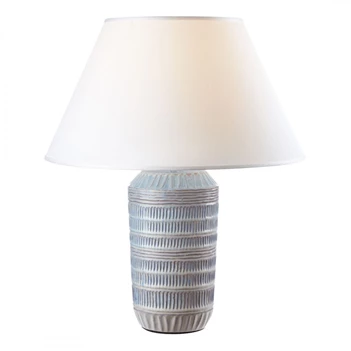 1G123.139 l'oca nera tafellamp keramiek voet zacht blauw beige ribbels witte kap schuin italiaans design