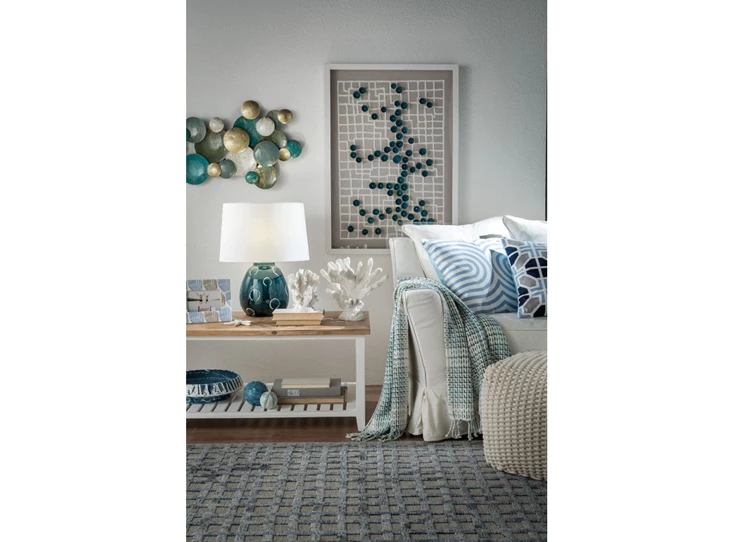 1G121.139 blauwe keramieken witte stoffen kap italiaans design voet witte cirkels l'oca nera tafellamp