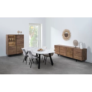 Slato eetkamer set BAR1 DR2 TD17VM28 K670 old teak sfeerbeeld en stoel Puro wit