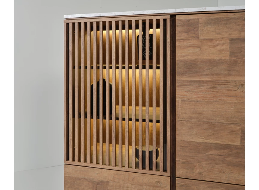 Barkast Slato BAR1 K670CAL old teak met Calacatta white detail verlichting bovenblad