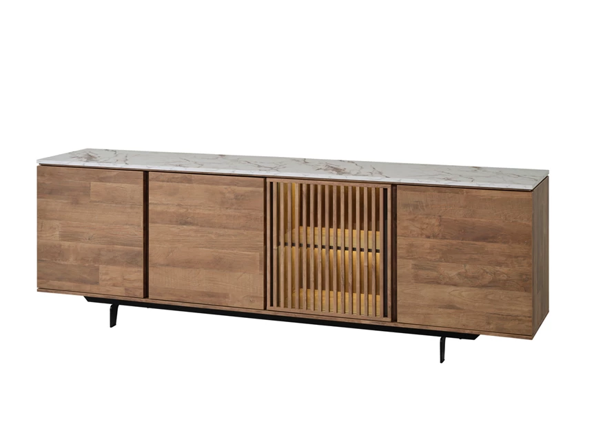 Dressoir Slato DR1 evan eetkamer belgisch K670CAL old teak Calacatta white verlichting