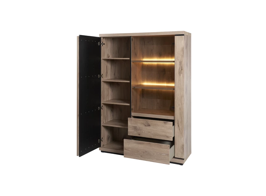 Glaskast Stefan 130cm in Canyon Oak deuren en laden open met verlichting