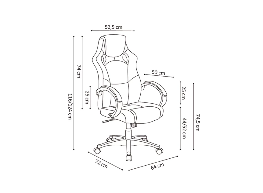 Rousseau 9820-149.60 gamingstoel Racer zwart pu afmetingen tekening