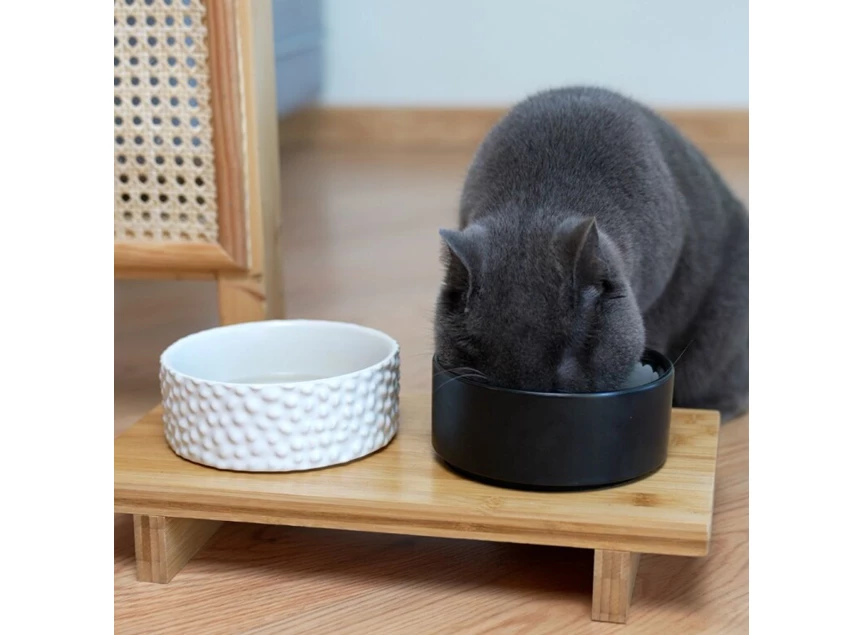 Voerbak huisdieren- Komeki- bamboe/keramiek- met kat