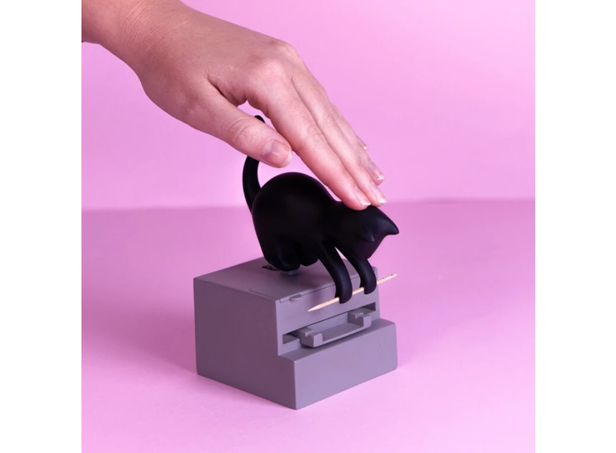 Tandenstoker houder- kat- frisky- zwart/grijs- plastiek- voorbeeld