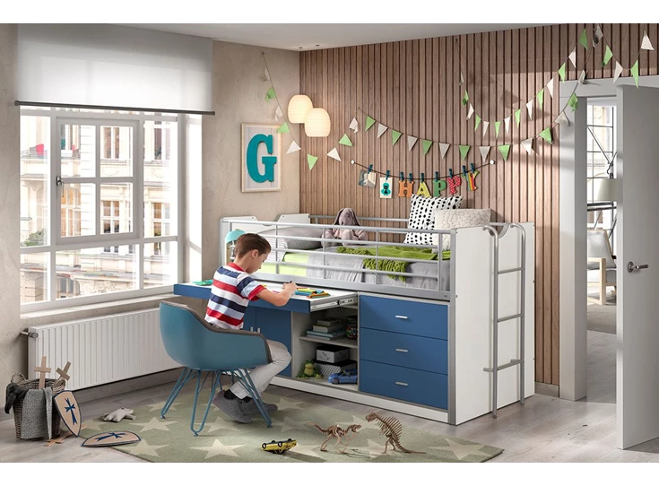 BONHHS9507 bureau jeugdkamer bonny halfhoogslaper ladder kinderkamer blauw vipack