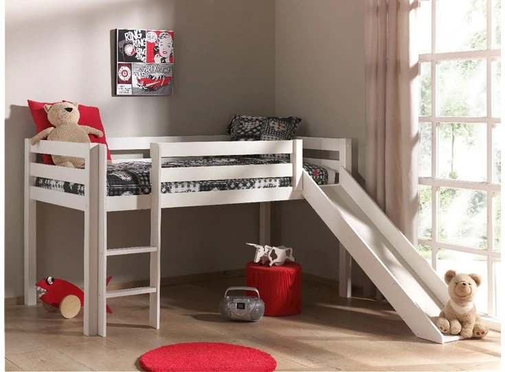 PIHSGB14 pino grenen 90x200cm kinderbed halfhoogslaper vipack wit glijbaan scandinavisch
