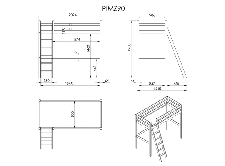 PIMZ9017 vipack studentenkamer praktisch pino mezzanine grijs hoogslaper 90x200cm kinderkamer