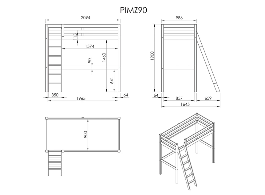 PIMZ9017 vipack studentenkamer praktisch pino mezzanine grijs hoogslaper 90x200cm kinderkamer