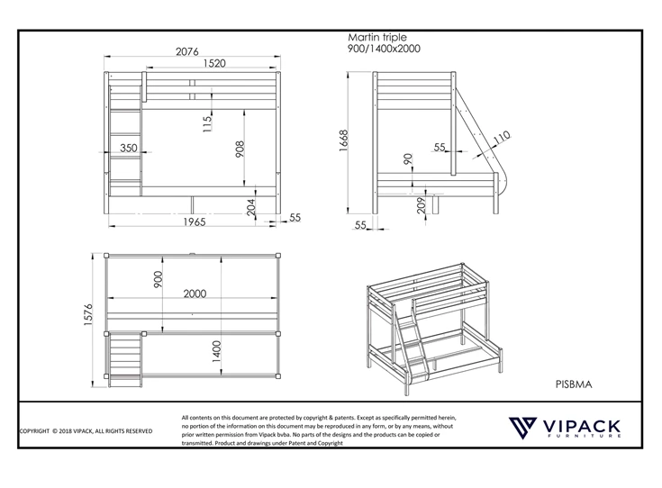PISBMA14 kinderkamer martin familiebed wit scandinavisch grenen pino hout stapelbed hoogslaper
