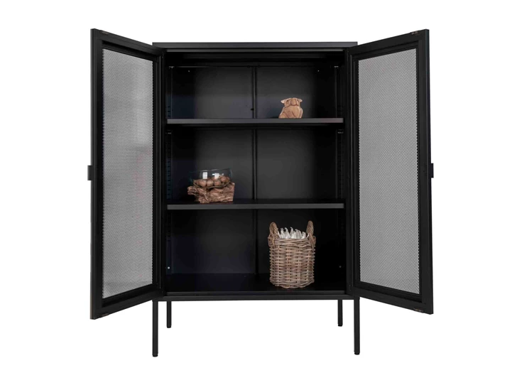 Barkast Melbourne in zwart metaal 3001080 gaasdeur mesh recht vooraanzicht deuren open met deco