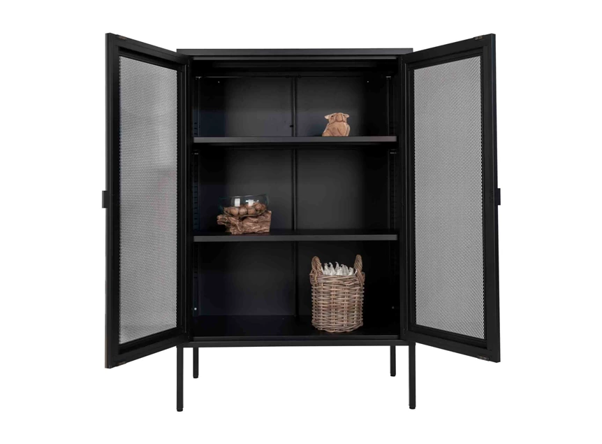 Barkast Melbourne in zwart metaal 3001080 gaasdeur mesh recht vooraanzicht deuren open met deco