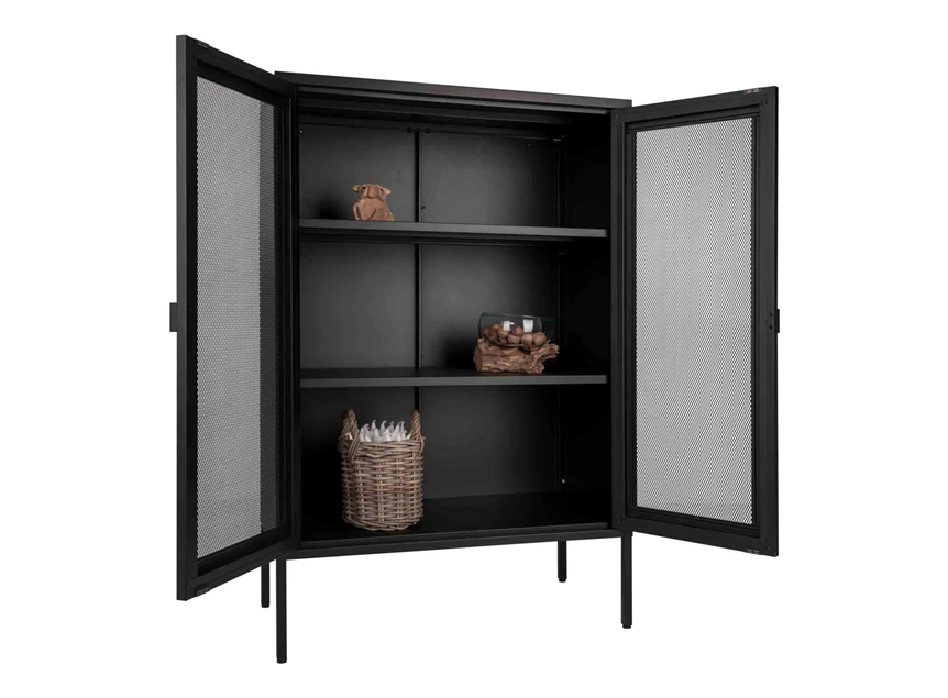 Barkast Melbourne in zwart metaal 3001080 gaasdeur mesh schuin vooraanzicht deuren open met deco