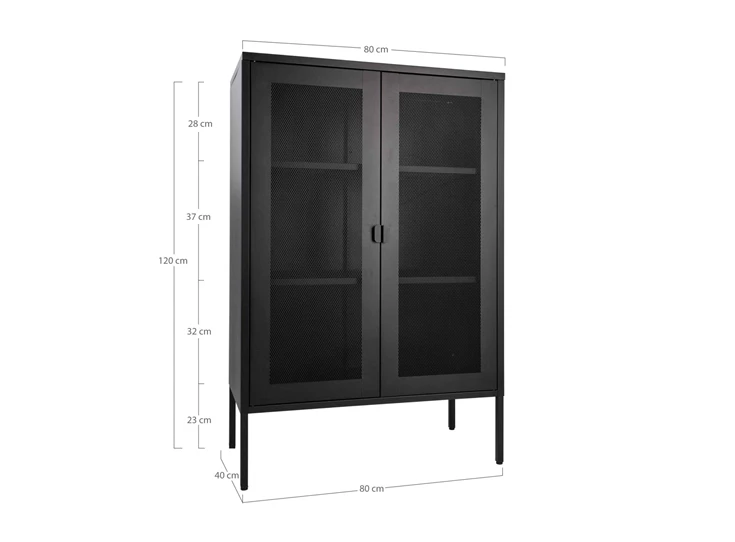 Barkast Melbourne in zwart metaal 3001080 gaasdeur mesh schuin vooraanzicht afmetingen