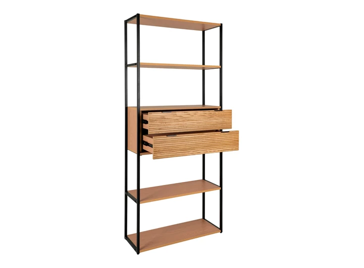 Boekenrek Minato in fineer essenhout met 2 laden 3001300 schuin vooraanzicht laden open