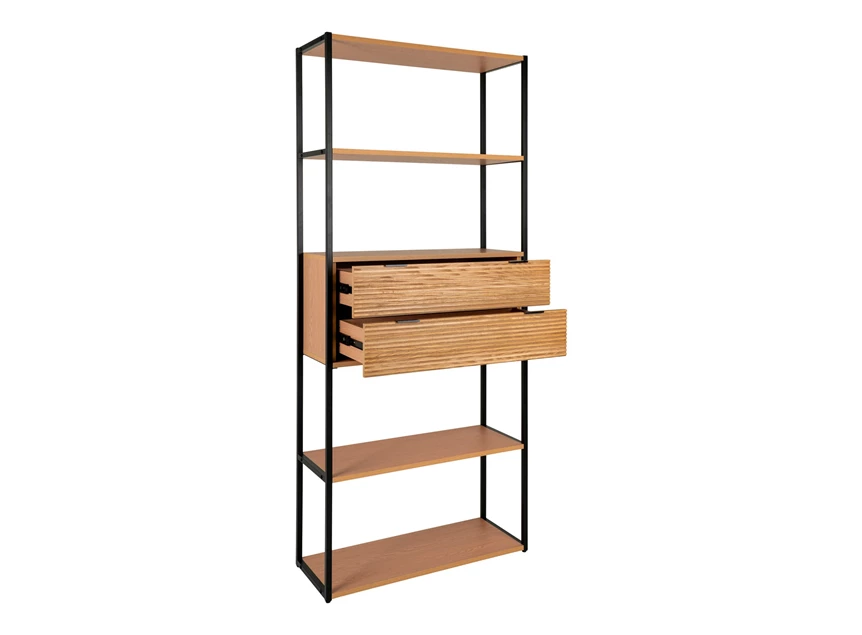 Boekenrek Minato in fineer essenhout met 2 laden 3001300 schuin vooraanzicht laden open