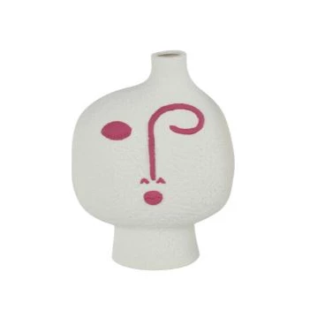 Abstracte vaas gezicht- porselein- fushia/wit- medium